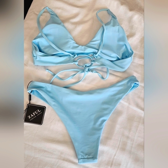 49.🆕Small Baby Blue ZAFUL Bikini  Lace-Up Bralette Top & High-Cut Bottoms NWT - Picture 3 of 3